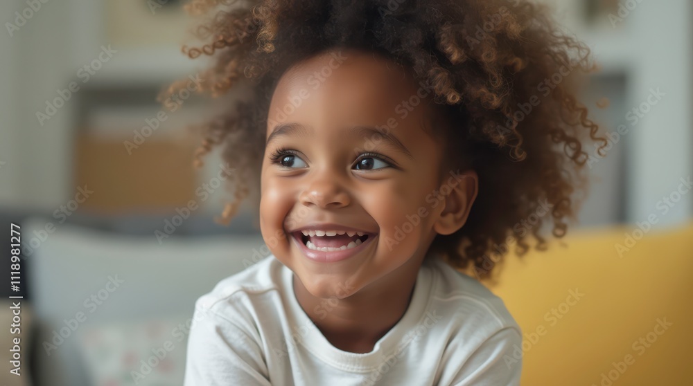 Joyful Little Black Girl Enjoying Her Time in a Cozy Room With Warm Colors. Generative AI Joyful Little Black Girl Enjoying Her Time in a Cozy Room With Warm Colors. Generative AI