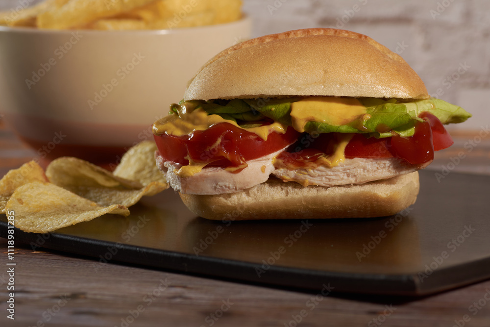 sandwich with chicken ,vegetables, and sauces sandwich with chicken ,vegetables, and sauces