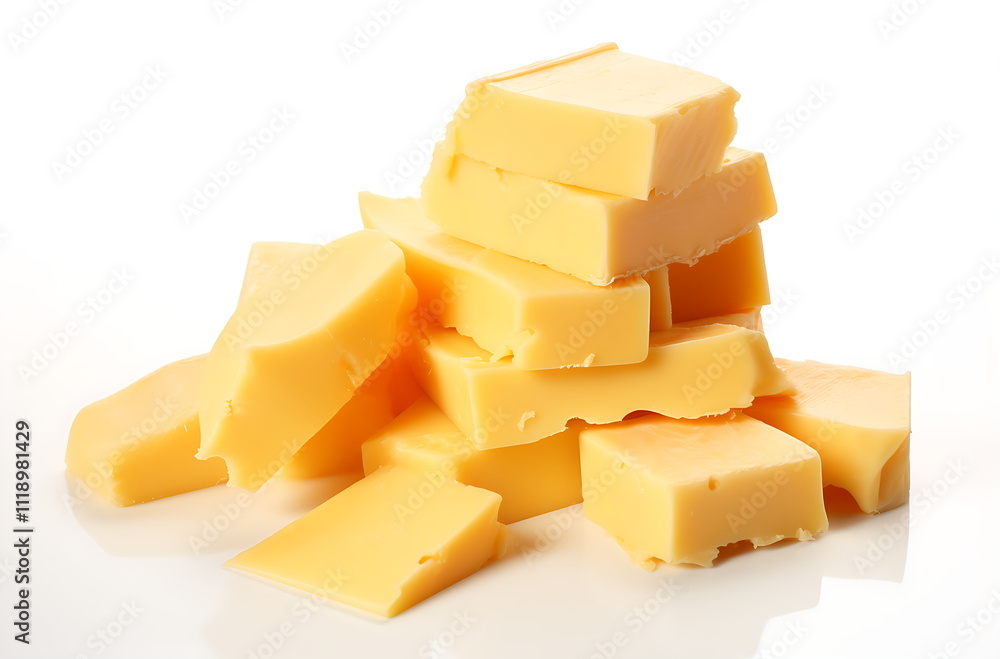 a pile of pieces of butter on a white background, generative ai