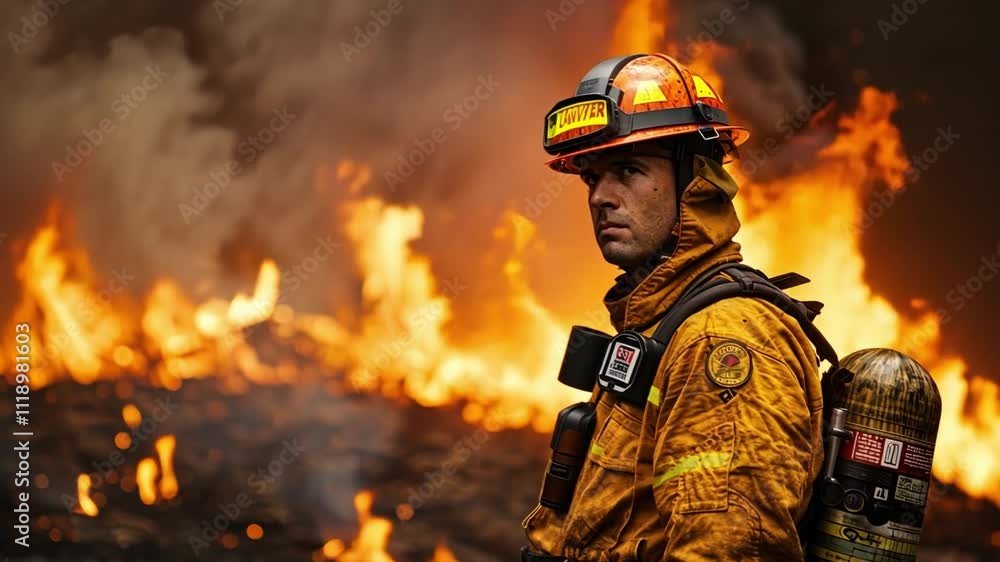 A firefighter stands resolutely against a backdrop of raging flames, dressed in protective gear, as smoke billows around him. The intense heat and danger are palpable. A firefighter stands resolutely against a backdrop of raging flames, dressed in protective gear, as smoke billows around him. The intense heat and danger are palpable.