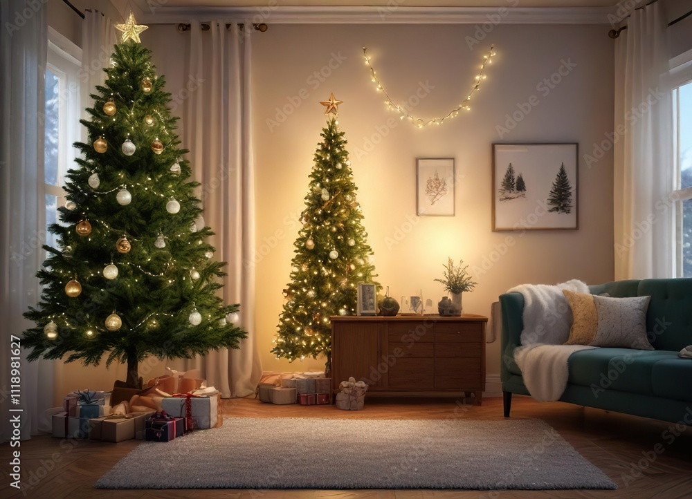 Fototapeta premium Glittering fairy lights and ornaments adorn a beautiful evergreen tree in a cozy living room, wintery ambiance, cozy living room, festive decor