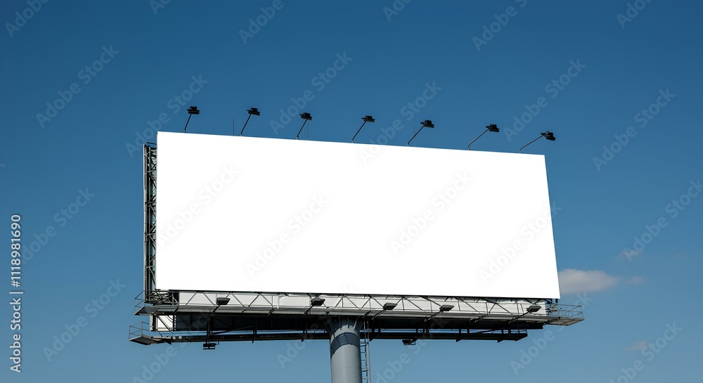 澄んだ青空を背景にした看板のローアングルビュー。広告。OOH|Low angle view of a billboard against a clear blue sky. Advertising. OOH. 澄んだ青空を背景にした看板のローアングルビュー。広告。OOH|Low angle view of a billboard against a clear blue sky. Advertising. OOH.