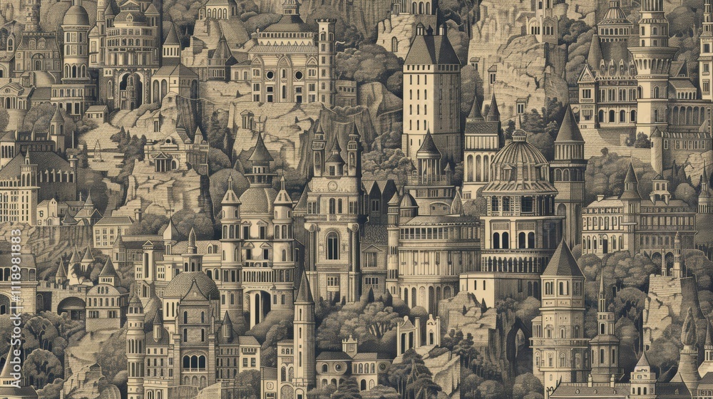 Obraz premium A detailed illustration of intricate architectural structures in a landscape.