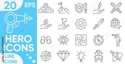 Hero Line Icons Set.Vector set of mission, vision and values line icons.Hero icon isolated on white background. Hero icon Vector And Illustrator Set