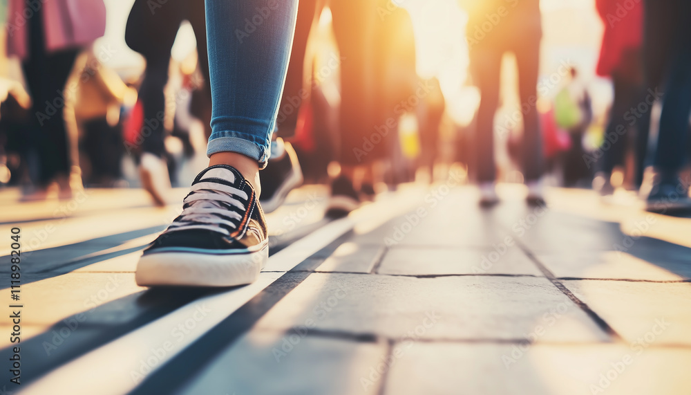 Fototapeta premium Focus on a traveler’s feet standing on a marked waiting line. Generative AI.