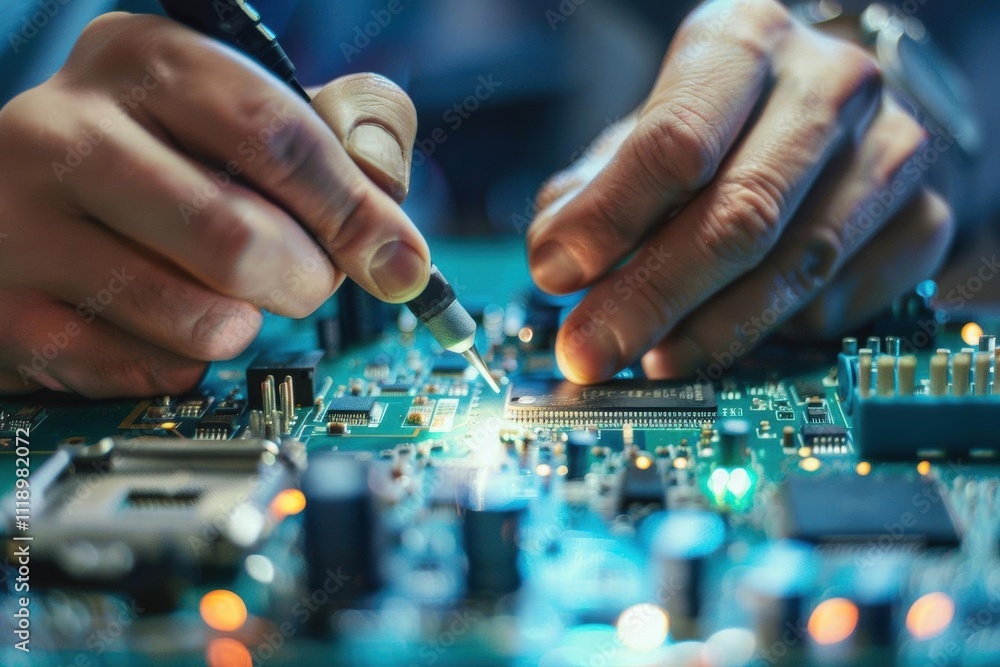 Hands working on a circuit board with tools for electronic repair. Hands working on a circuit board with tools for electronic repair.
