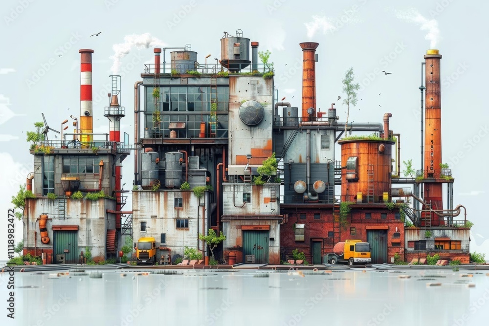 Obraz premium A vibrant industrial complex with greenery and vehicles.
