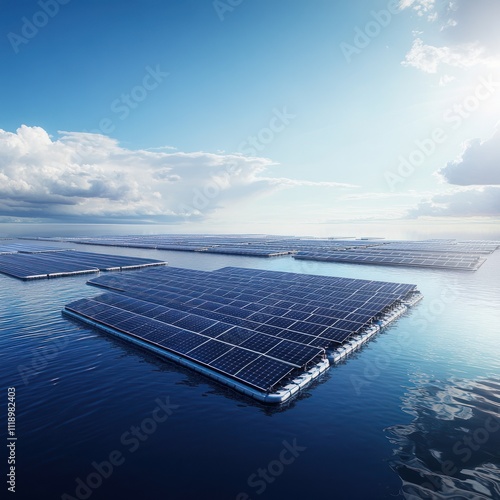 A vast array of solar panels floating on water, harnessing renewable energy. photo