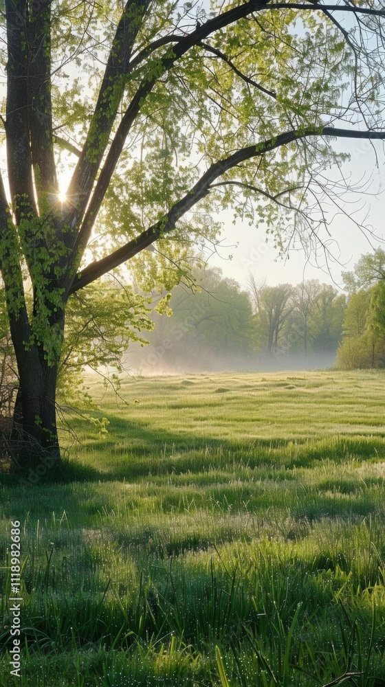 A serene morning landscape with mist and sunlight filtering through trees. A serene morning landscape with mist and sunlight filtering through trees.