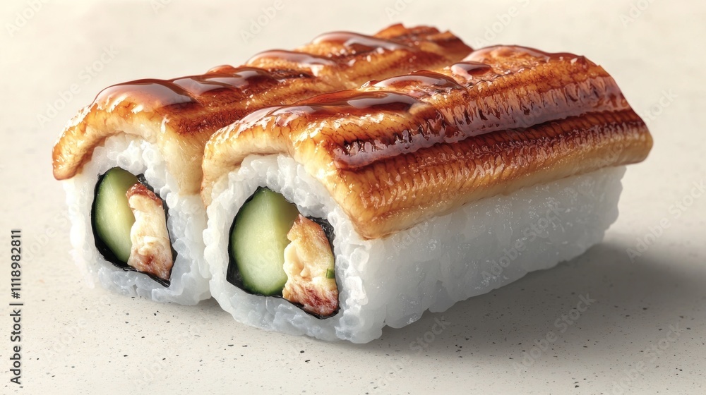 A close-up of sushi rolls featuring eel and cucumber, showcasing culinary art. A close-up of sushi rolls featuring eel and cucumber, showcasing culinary art.