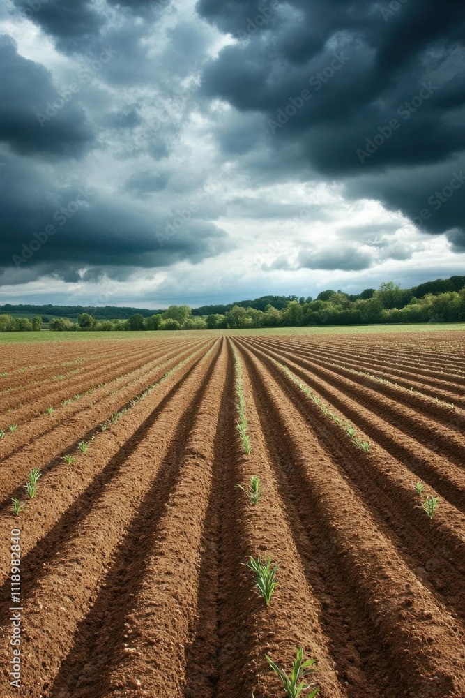 A farmland scene with rows of crops under a dramatic sky. A farmland scene with rows of crops under a dramatic sky.