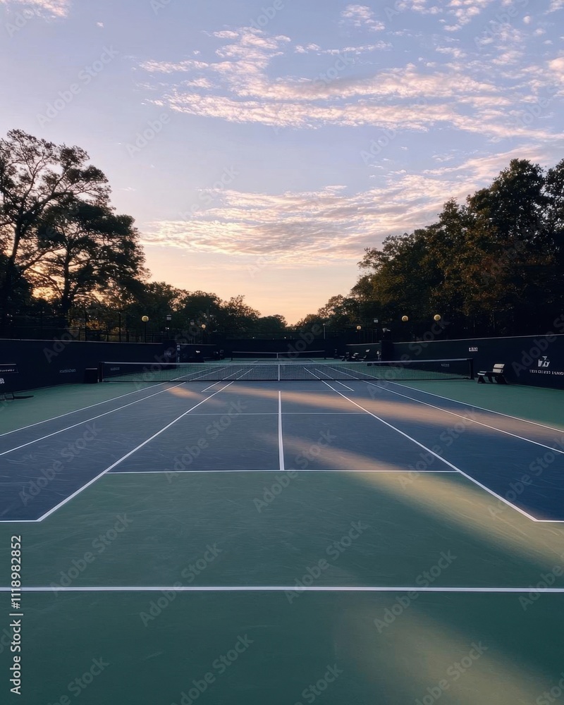 A serene view of empty tennis courts at sunset. A serene view of empty tennis courts at sunset.