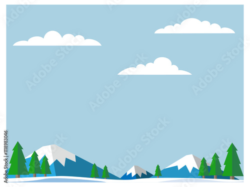 雪山と樹木、空と雲のある風景イラスト