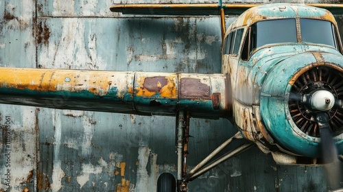 Vintage aircraft with weathered paint against a rusty backdrop. photo