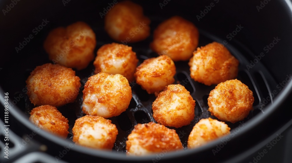 Golden Breaded Shrimp in Air Fryer Close-Up Shot Golden Breaded Shrimp in Air Fryer Close-Up Shot