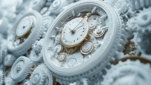 A clock with many gears and a white face. The clock is set at 12:00. The clock is surrounded by many other clocks, making it look like a clock tower photo