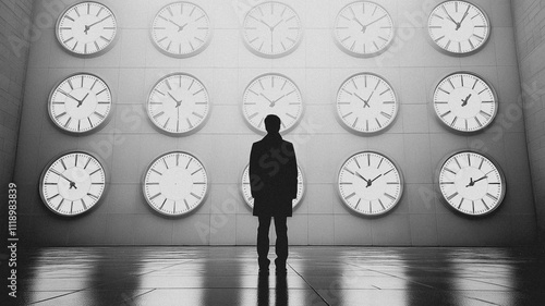 A man stands in front of a wall of clocks, each one showing a different time photo