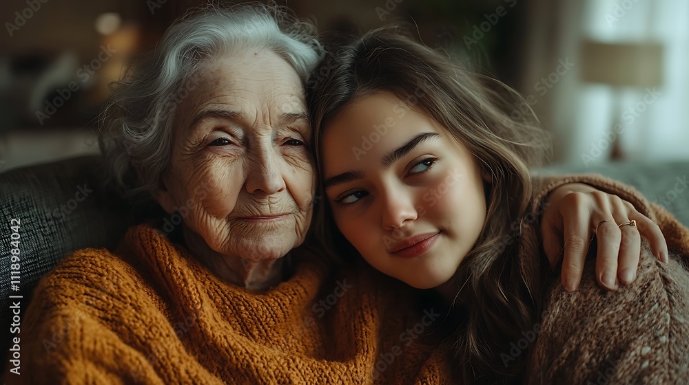 Tender moment between grandmother and granddaughter at home Tender moment between grandmother and granddaughter at home