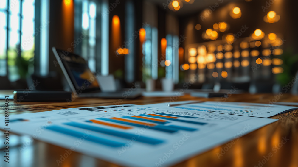A table with a laptop and papers with graphs on it. Scene is professional and focused A table with a laptop and papers with graphs on it. Scene is professional and focused