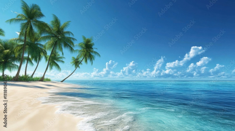 Palm Trees Sway on Pristine Beach Paradise: Tropical Getaway Dream Vacation Palm Trees Sway on Pristine Beach Paradise: Tropical Getaway Dream Vacation