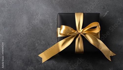 Black Gift Box with Gold Ribbon on Concrete Background. Top View of Graduation Gifts with Copy Space