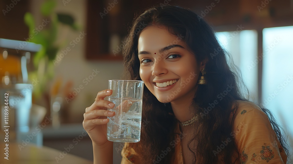 Smiling in a cozy kitchen refreshing water lifestyle photograph