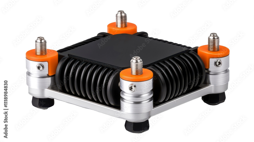 Vibration Isolator System, compact design, orange accents, metal springs, strong industrial components, stabilization tool. Isolated on white background or PNG Vibration Isolator System, compact design, orange accents, metal springs, strong industrial components, stabilization tool. Isolated on white background or PNG