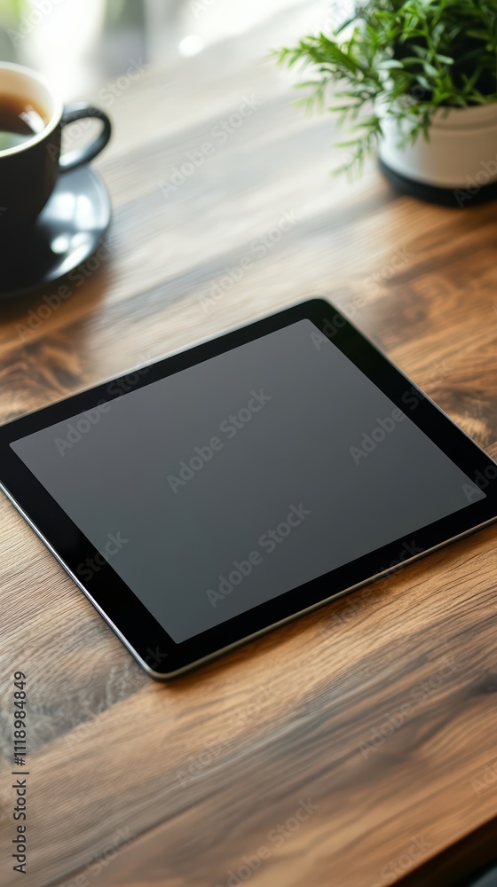 A tablet on a wooden table beside a cup of coffee and a plant. A tablet on a wooden table beside a cup of coffee and a plant.