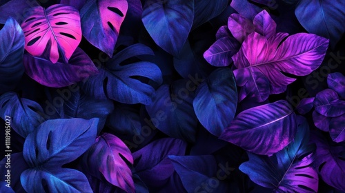 purple and neon blue tropical leaves, dark background