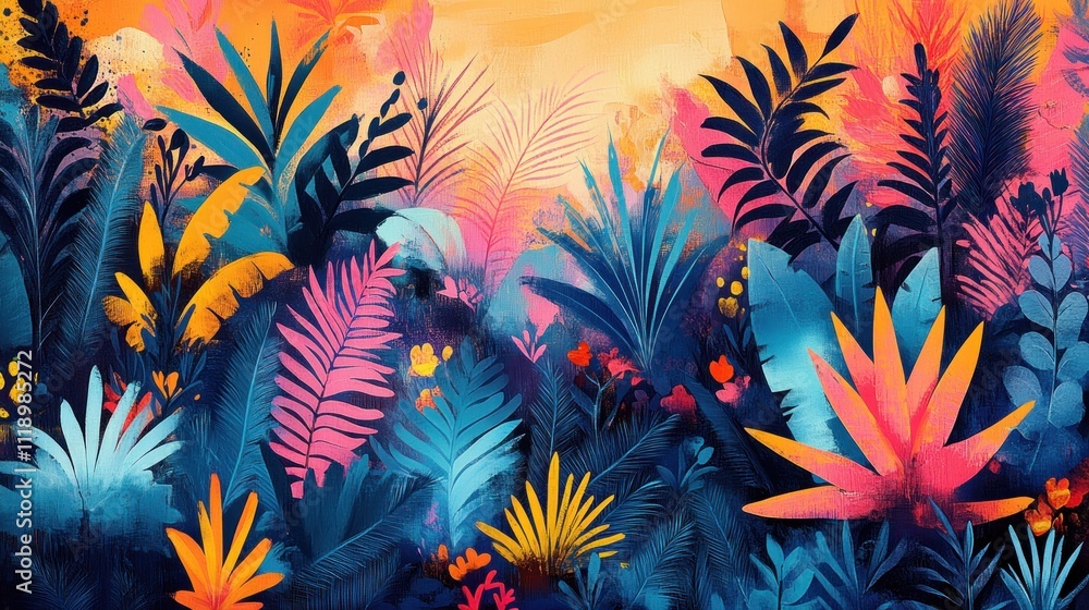 Vibrant Jungle Abstract Art Painting Jungle Rainforest Neon Colors Tropical Plants Layered Foliage Vibrant Jungle Abstract Art Painting Jungle Rainforest Neon Colors Tropical Plants Layered Foliage