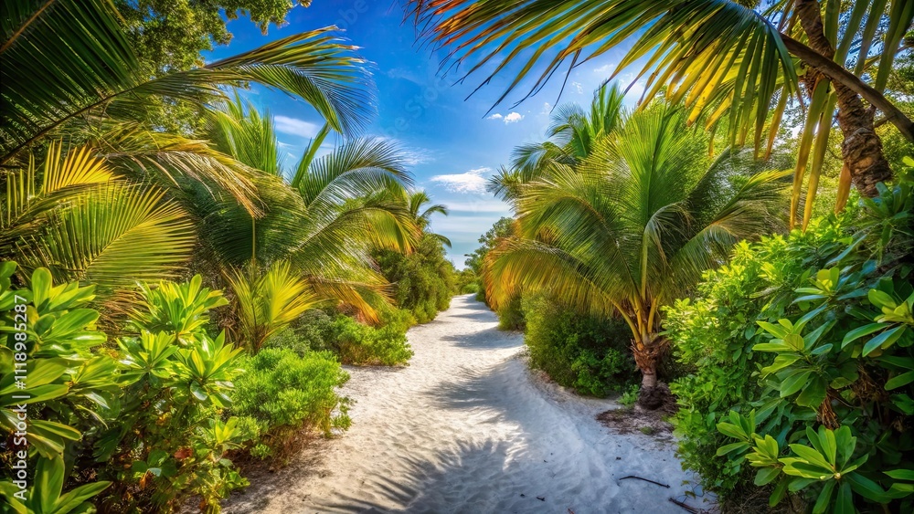A tranquil sandy path winding through vibrant tropical foliage , serene, sandy, path, lush, tropical, vegetation, peaceful A tranquil sandy path winding through vibrant tropical foliage , serene, sandy, path, lush, tropical, vegetation, peaceful