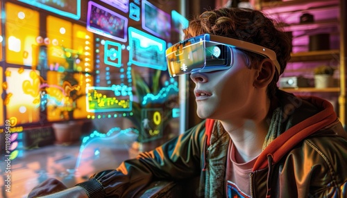 A young person wearing futuristic glasses, observing digital data displays.