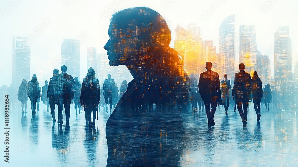 Double exposure of a group of business people and digital identity with a blue color theme and a white background in a futuristic style Double exposure of a group of business people and digital identity with a blue color theme and a white background in a futuristic style