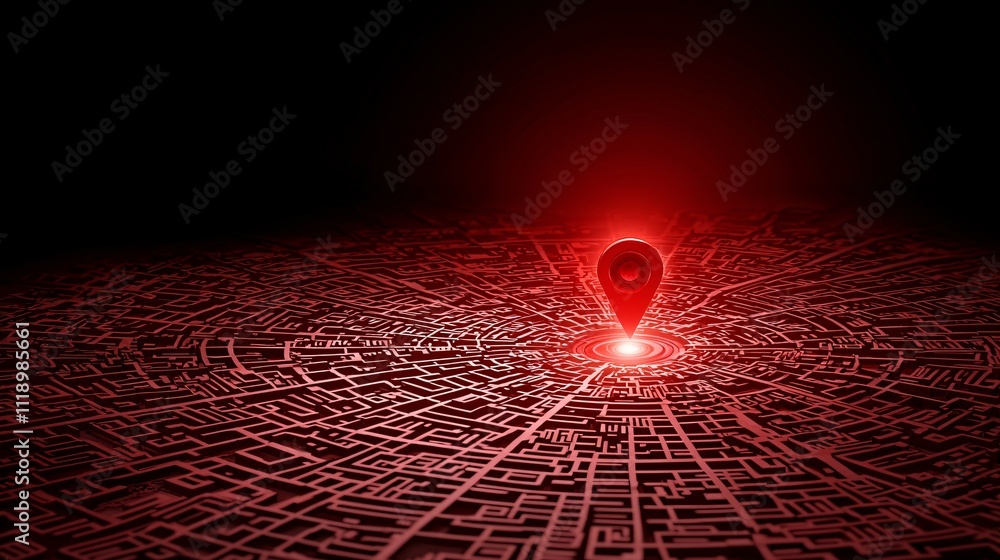 Fototapeta premium Fire alarm safety response concept. A glowing red map pin stands out against a dark, abstract city landscape.
