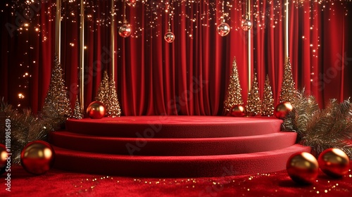 Elegant Red Podium with Velvet Texture and Gold Baubles for a Festive Touch  
