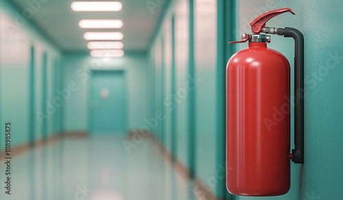 Fire alarm safety response concept. Red fire extinguisher mounted on a turquoise hallway wall with bright lighting. photo