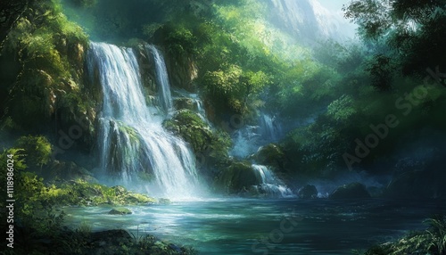 A serene waterfall cascading into a lush, green forested landscape.