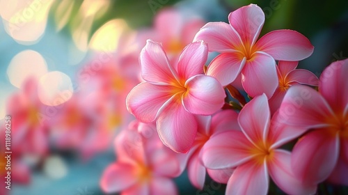 Close-up of Pink Plumeria Flowers in Soft Bokeh with Warm Sunlight, Tropical Hawaiian Lei Floral Celebration