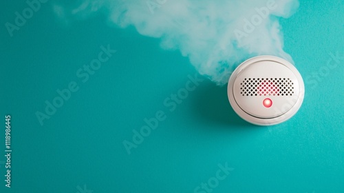 Fire alarm safety response concept. Smoke detector with steam on a vibrant turquoise background, symbolizing safety and alertness. photo