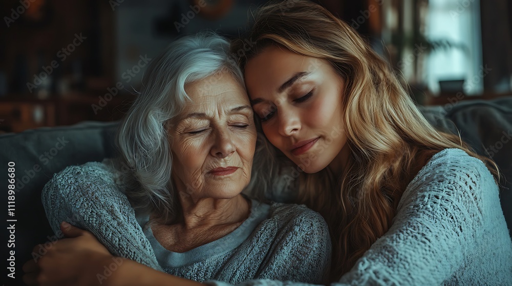 Emotional generational embrace in a warm home portrait Emotional generational embrace in a warm home portrait