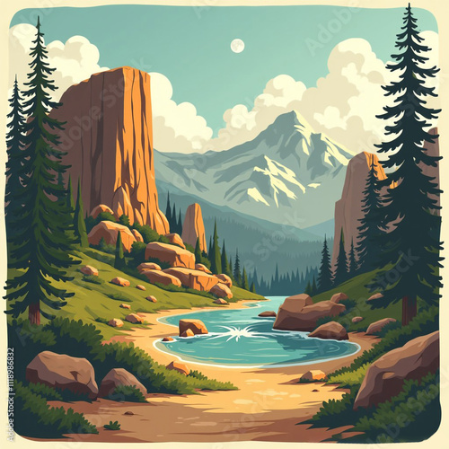 Yellowstone National Park Nature is calling beautiful scenery, with river and pine trees, el capitan, cartoon-style 