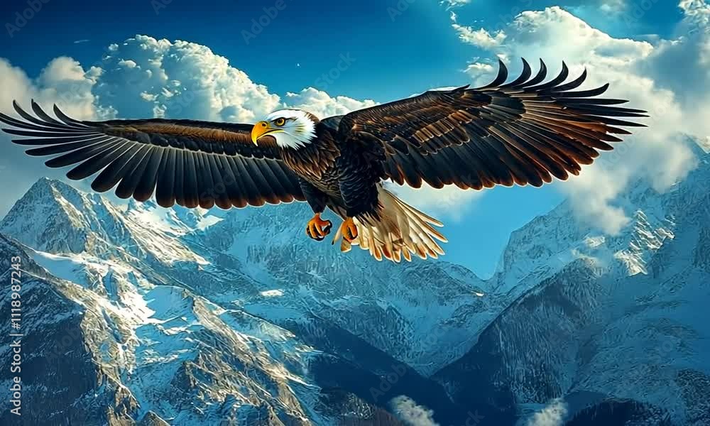A majestic eagle soars above snow-capped mountains under a bright blue ...