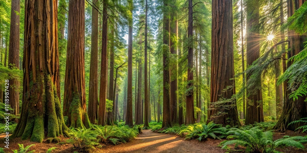 Panoramic view of a lush redwood forest, redwoods, trees, nature, forest, green, tall, majestic, landscape, serene Panoramic view of a lush redwood forest, redwoods, trees, nature, forest, green, tall, majestic, landscape, serene