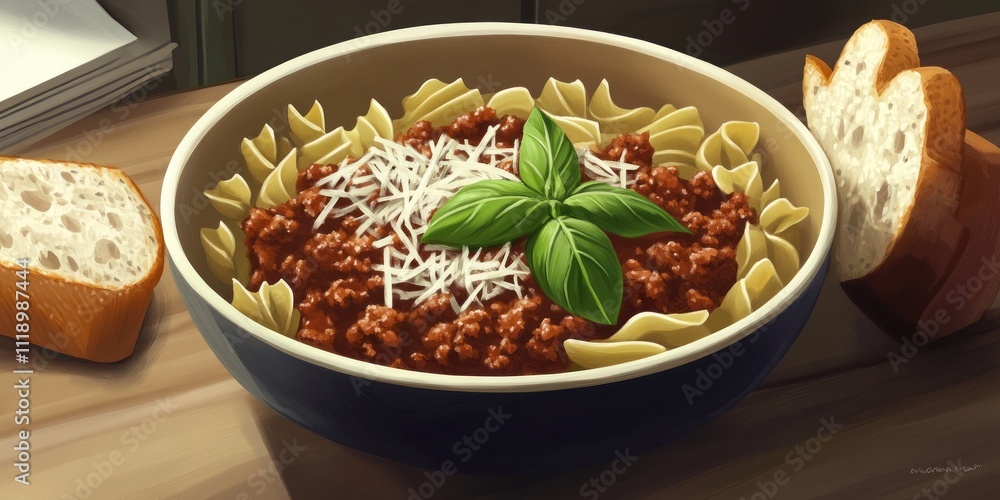 A bowl of pasta topped with meat sauce and cheese, garnished with basil, alongside bread. A bowl of pasta topped with meat sauce and cheese, garnished with basil, alongside bread.