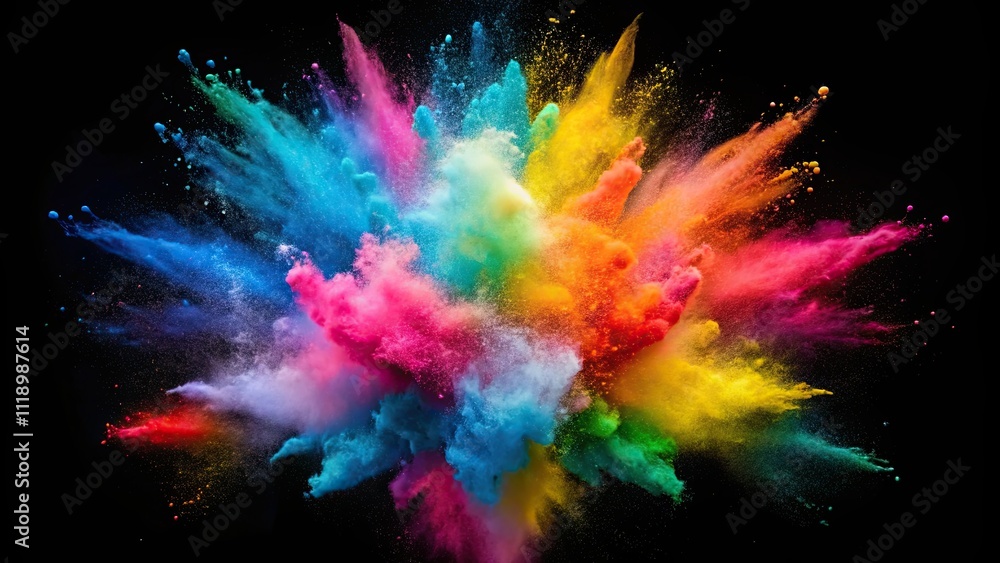 Colorful powder explosion against black background, celebration, vibrant, explosion, festival, dye, colorful, powder, isolated Colorful powder explosion against black background, celebration, vibrant, explosion, festival, dye, colorful, powder, isolated