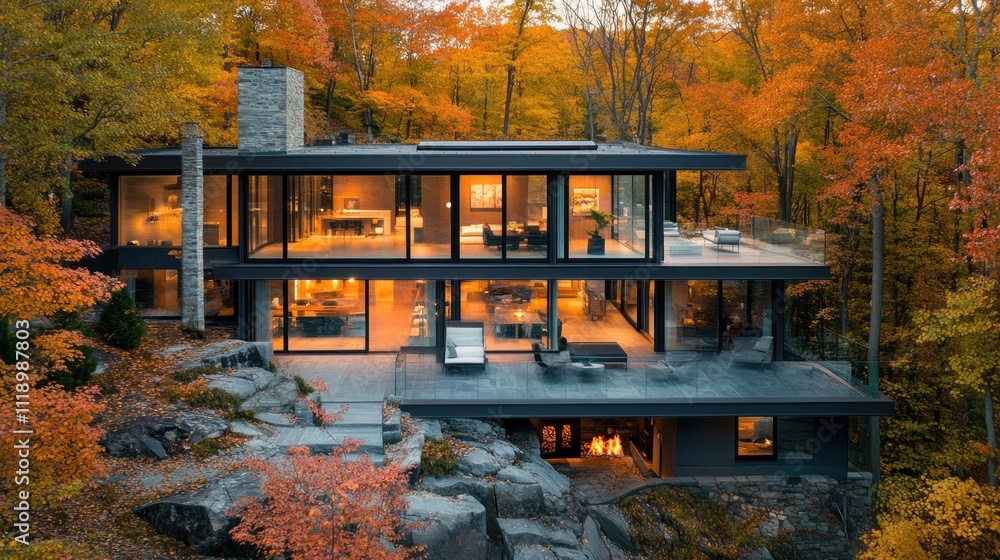 Modern glass house on a cliffside, surrounded by autumn foliage. Modern glass house on a cliffside, surrounded by autumn foliage.