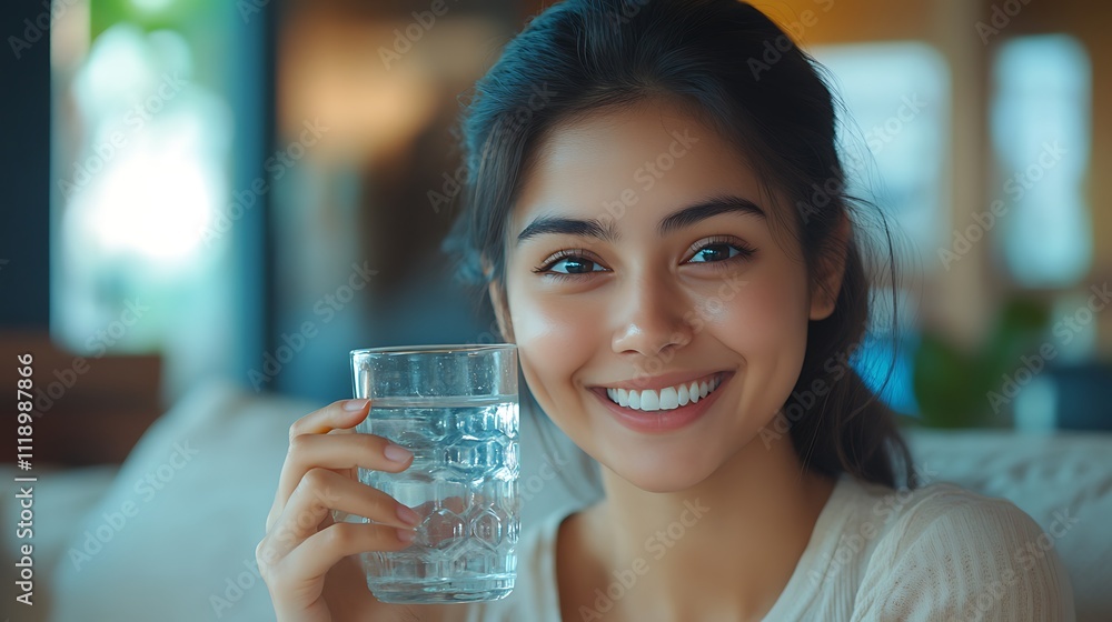Smiling woman enjoying refreshing water in cozy indoor lifestyle Smiling woman enjoying refreshing water in cozy indoor lifestyle
