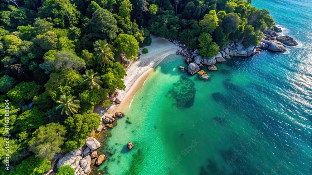 Top-down drone shot capturing the stunning beaches and turquoise waters of Pangkor Island, Malaysia , Pangkor Island Top-down drone shot capturing the stunning beaches and turquoise waters of Pangkor Island, Malaysia , Pangkor Island