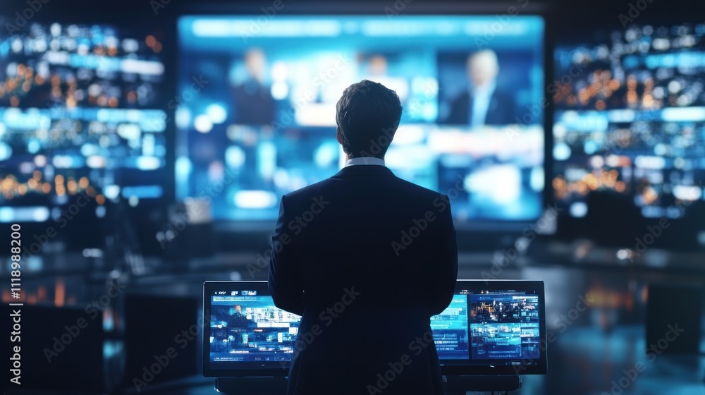 Businessman analyzing data on large screens. Businessman analyzing data on large screens.