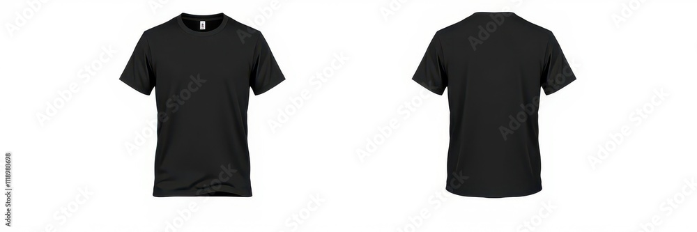 Black T-shirt template front and back view on white background for design mockups and product displays, template, product display Black T-shirt template front and back view on white background for design mockups and product displays, template, product display